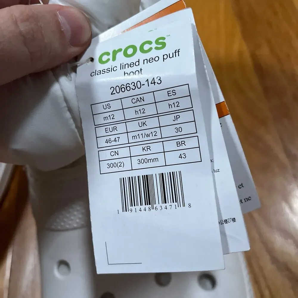 Crocs Classic Lined‎ Neo Puff Boot Size Men's 12 Winter White 206630-143